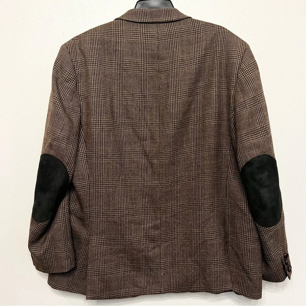 Lauren Ralph‎ Lauren Wool Elbow Patch Houndstooth Dark Brown Check Blazer 48R